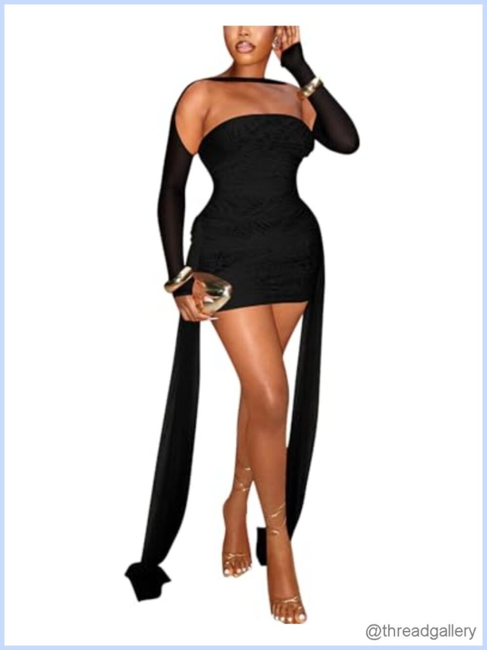 Sexy Ruched Mesh Bodycon Mini Dress Long Sleeve Halter Club Night Out